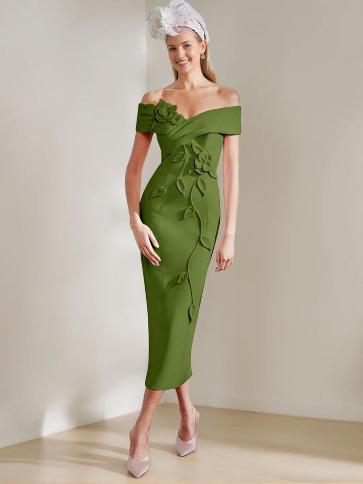 Sheath/Column Off-the-shoulder Tea-Length Mother of the Bride Dresses with 3D Flowers