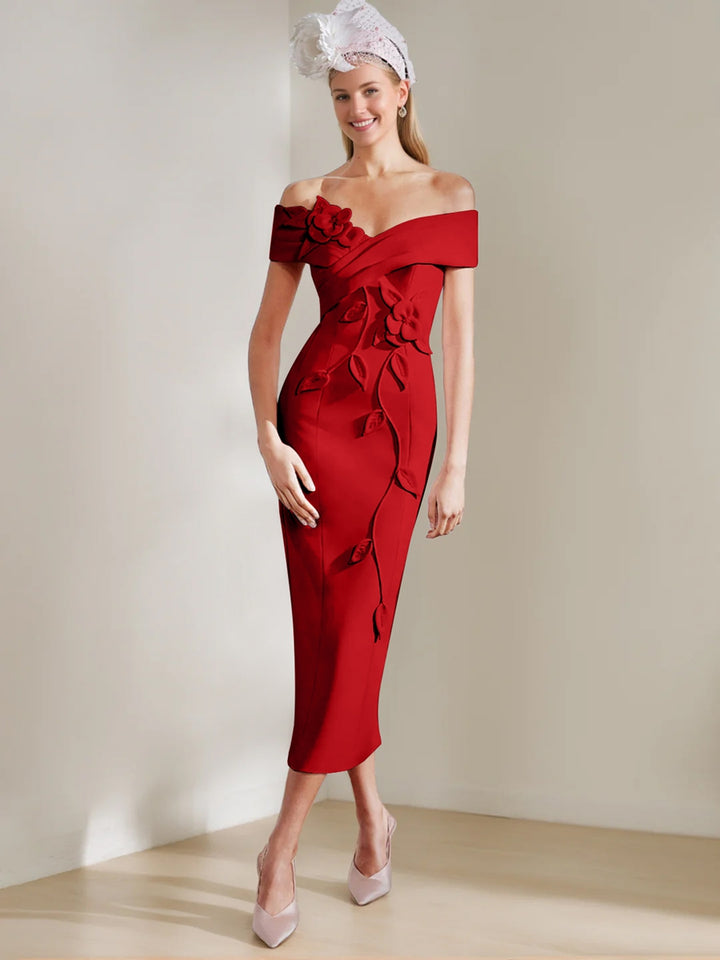 Sheath/Column Off-the-shoulder Tea-Length Mother of the Bride Dresses with 3D Flowers