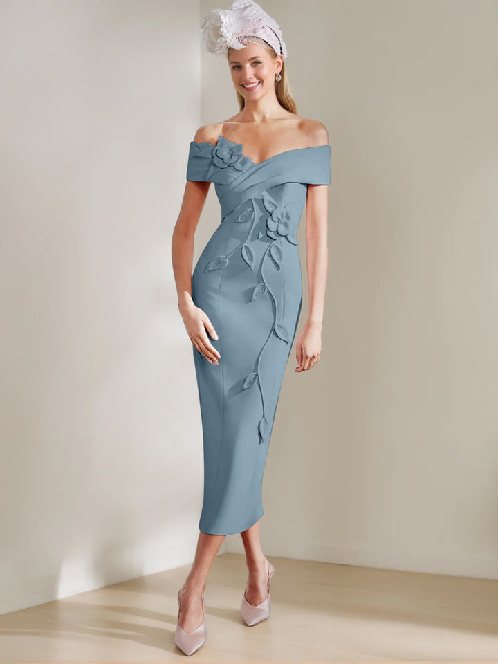 Sheath/Column Off-the-shoulder Tea-Length Mother of the Bride Dresses with 3D Flowers