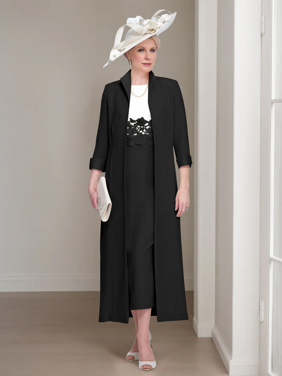 2 Pieces Round Neck Tea-Length Mother of the Bride Dresses with Jacket & Lace Appliques