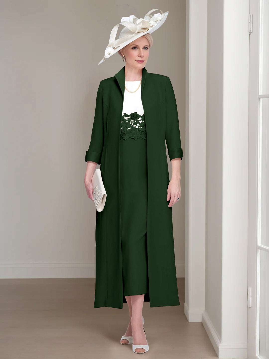 2 Pieces Round Neck Tea-Length Mother of the Bride Dresses with Jacket & Lace Appliques