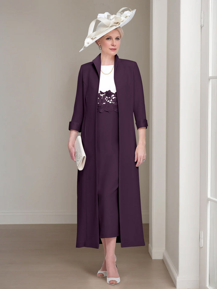 2 Pieces Round Neck Tea-Length Mother of the Bride Dresses with Jacket & Lace Appliques