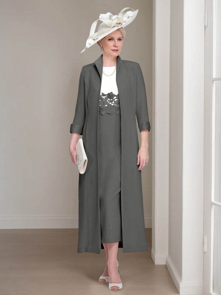 2 Pieces Round Neck Tea-Length Mother of the Bride Dresses with Jacket & Lace Appliques