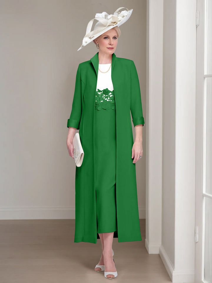 2 Pieces Round Neck Tea-Length Mother of the Bride Dresses with Jacket & Lace Appliques