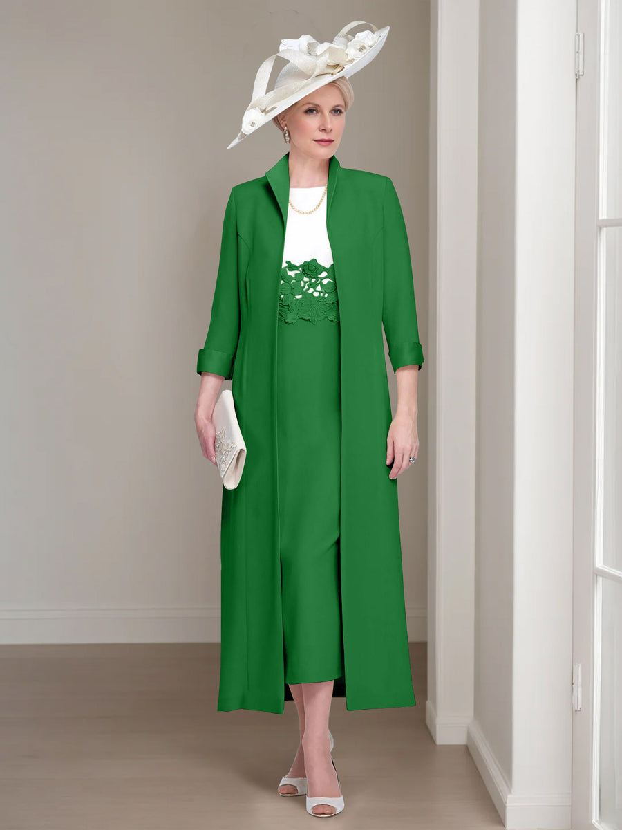 2 Pieces Round Neck Tea-Length Mother of the Bride Dresses with Jacket & Lace Appliques