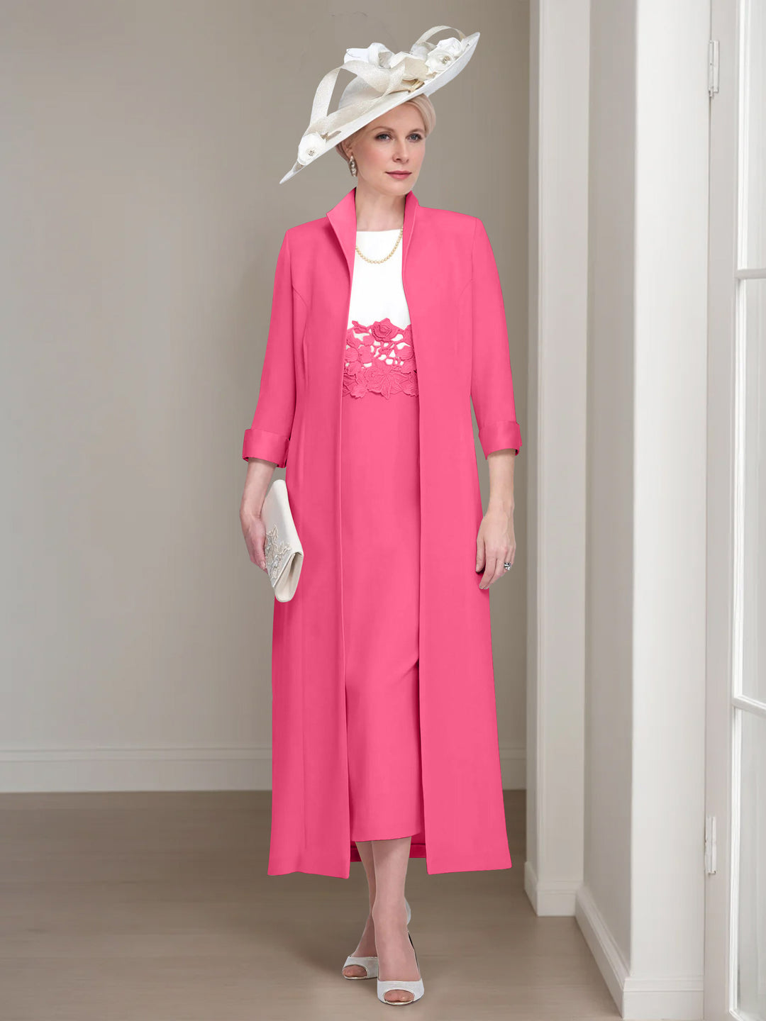 2 Pieces Round Neck Tea-Length Mother of the Bride Dresses with Jacket & Lace Appliques