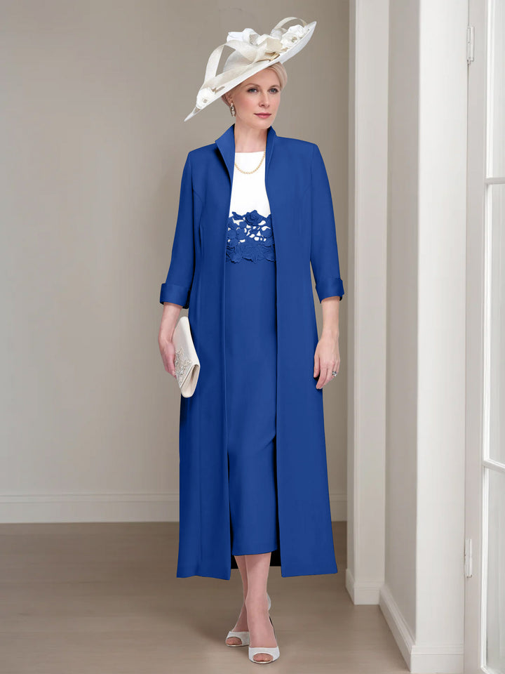 2 Pieces Round Neck Tea-Length Mother of the Bride Dresses with Jacket & Lace Appliques