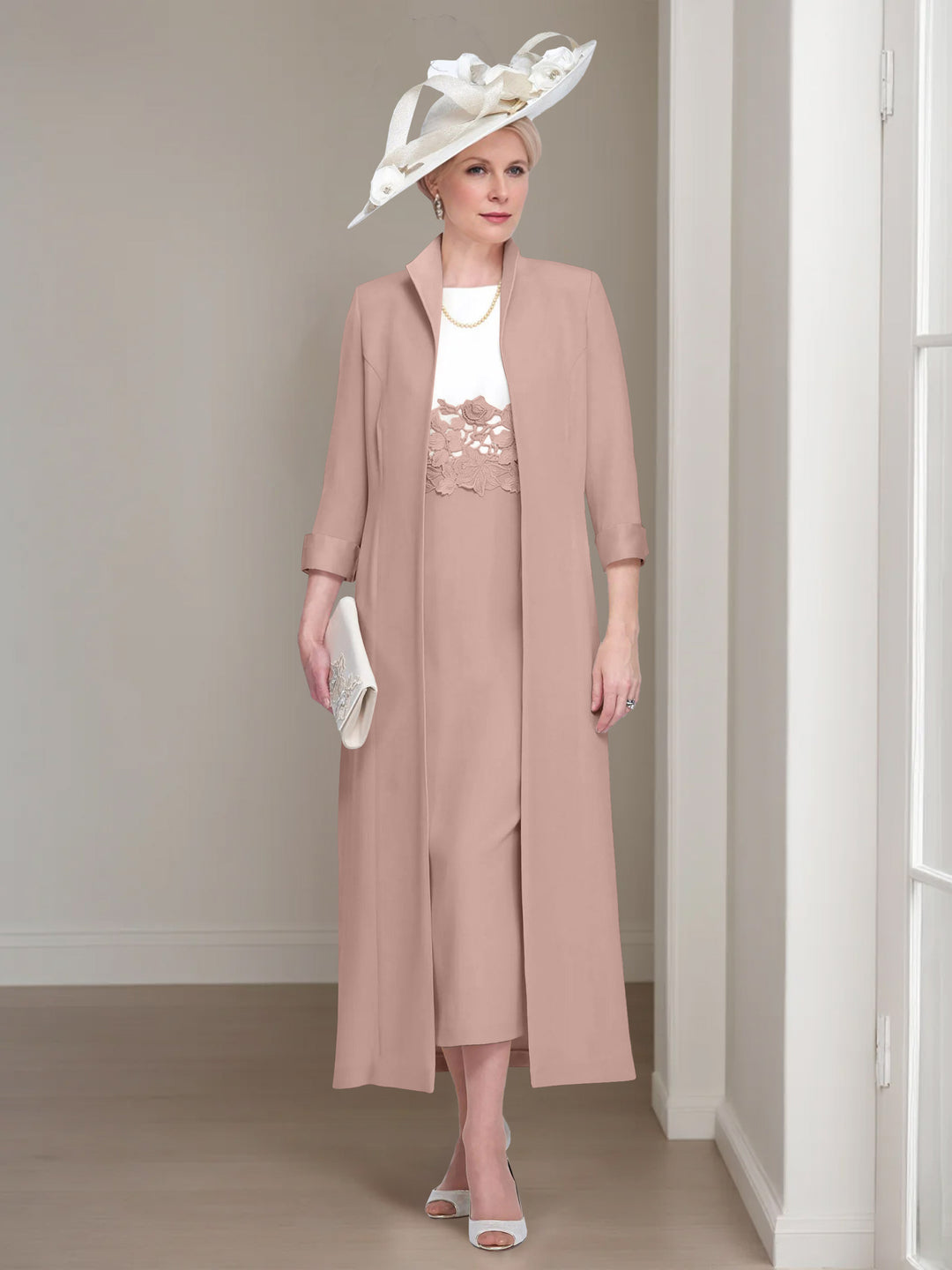 2 Pieces Round Neck Tea-Length Mother of the Bride Dresses with Jacket & Lace Appliques