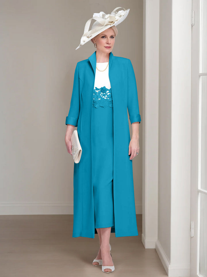 2 Pieces Round Neck Tea-Length Mother of the Bride Dresses with Jacket & Lace Appliques