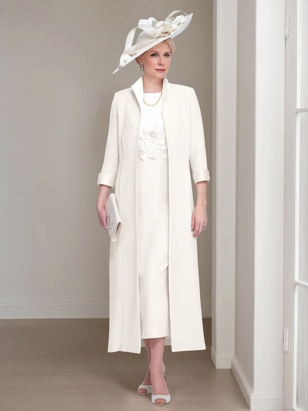 2 Pieces Round Neck Tea-Length Mother of the Bride Dresses with Jacket & Lace Appliques