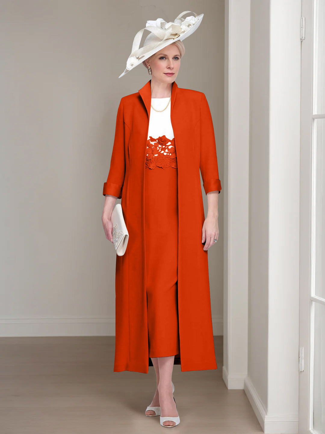 2 Pieces Round Neck Tea-Length Mother of the Bride Dresses with Jacket & Lace Appliques