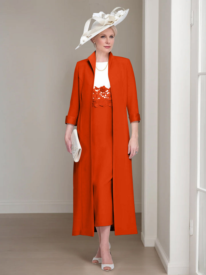 2 Pieces Round Neck Tea-Length Mother of the Bride Dresses with Jacket & Lace Appliques