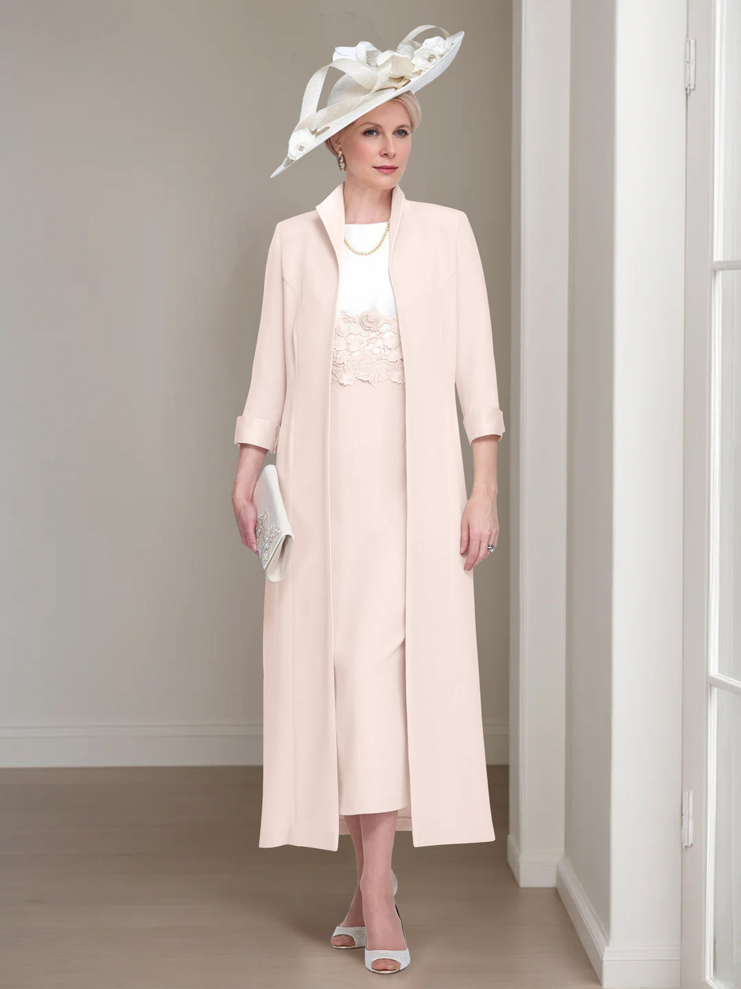 2 Pieces Round Neck Tea-Length Mother of the Bride Dresses with Jacket & Lace Appliques