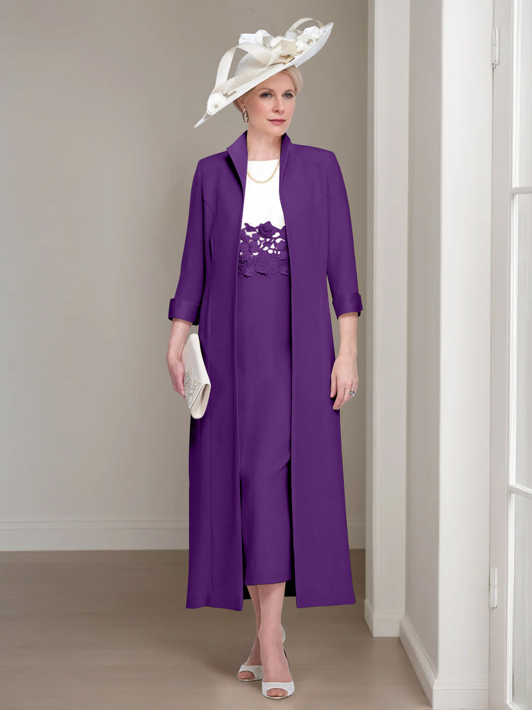 2 Pieces Round Neck Tea-Length Mother of the Bride Dresses with Jacket & Lace Appliques