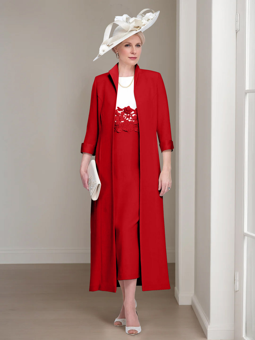 2 Pieces Round Neck Tea-Length Mother of the Bride Dresses with Jacket & Lace Appliques