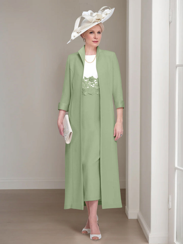 2 Pieces Round Neck Tea-Length Mother of the Bride Dresses with Jacket & Lace Appliques