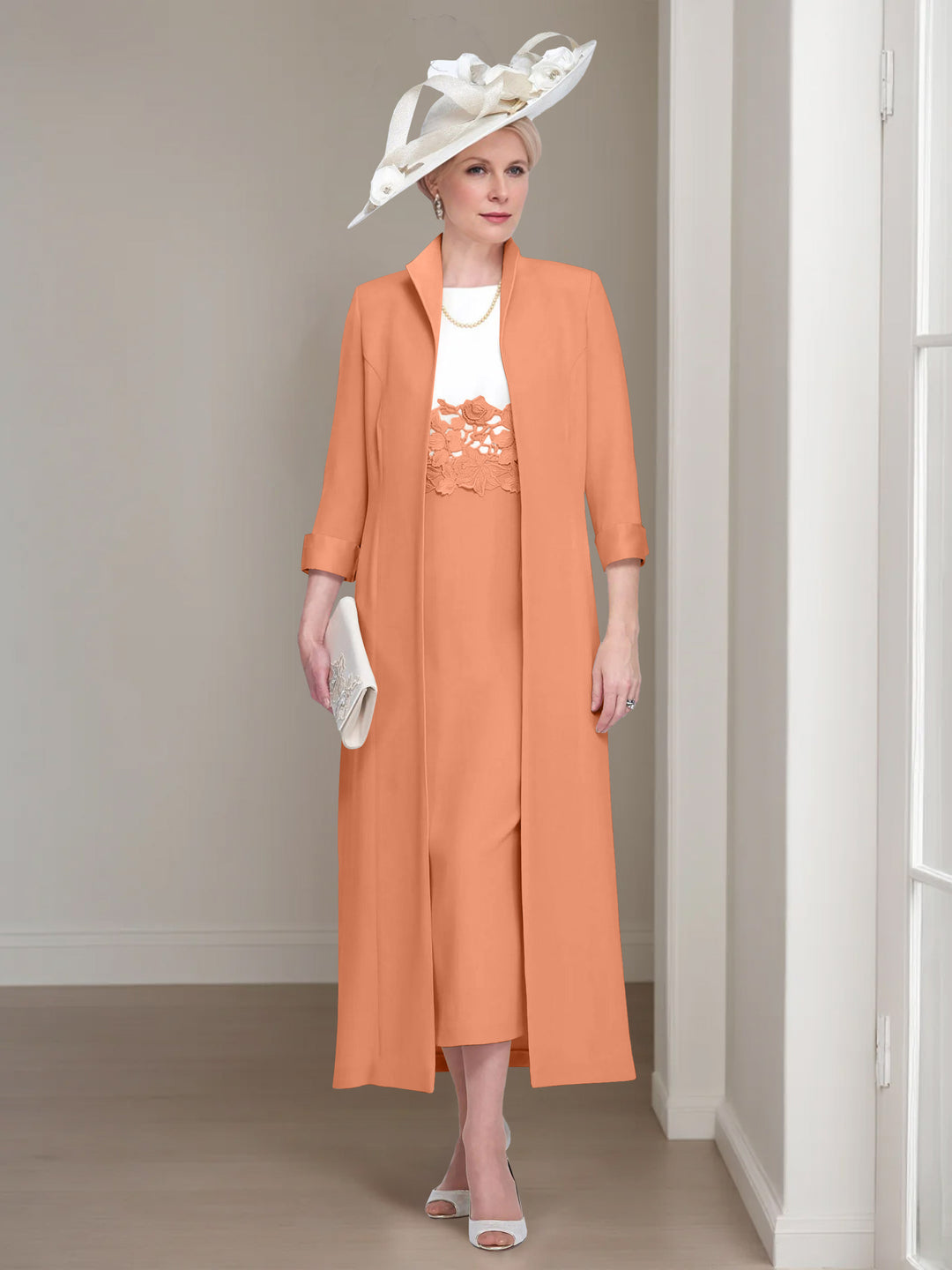 2 Pieces Round Neck Tea-Length Mother of the Bride Dresses with Jacket & Lace Appliques