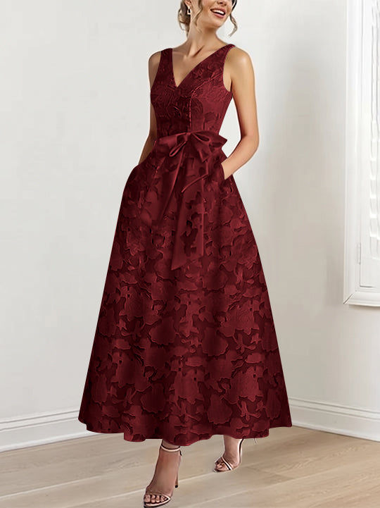 A-Line/Princess V-Neck Sleeveless Ankle-Length Rose Lace Applique Mother of the Bride Dresses with Pockets & Ruffles