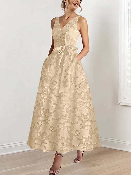 A-Line/Princess V-Neck Sleeveless Ankle-Length Rose Lace Applique Mother of the Bride Dresses with Pockets & Ruffles