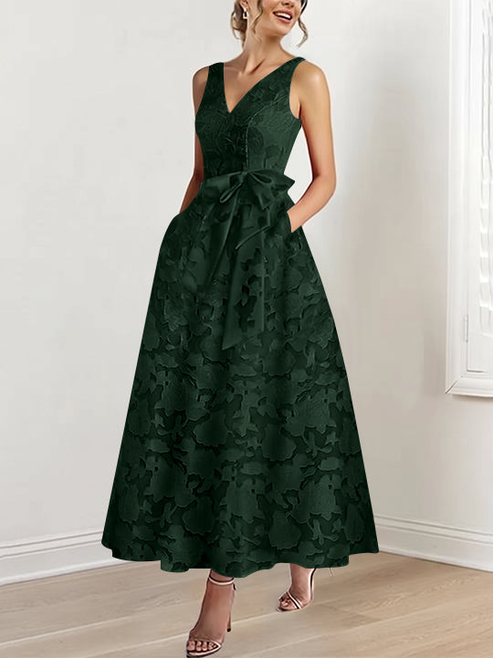 A-Line/Princess V-Neck Sleeveless Ankle-Length Rose Lace Applique Mother of the Bride Dresses with Pockets & Ruffles
