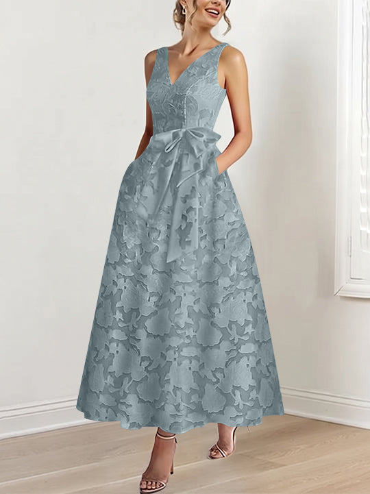 A-Line/Princess V-Neck Sleeveless Ankle-Length Rose Lace Applique Mother of the Bride Dresses with Pockets & Ruffles