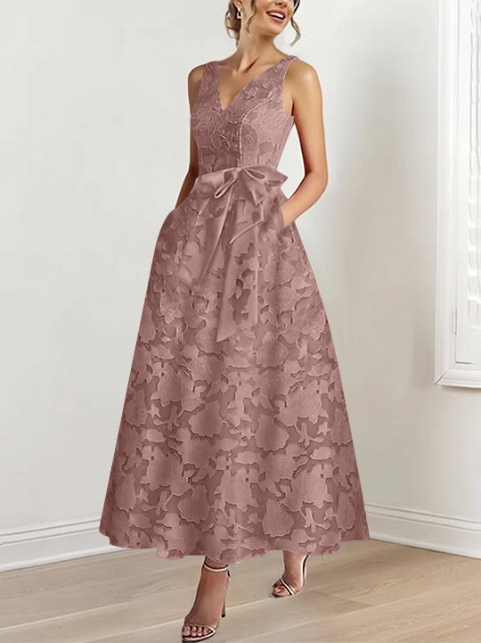 A-Line/Princess V-Neck Sleeveless Ankle-Length Rose Lace Applique Mother of the Bride Dresses with Pockets & Ruffles