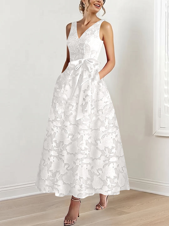 A-Line/Princess V-Neck Sleeveless Ankle-Length Rose Lace Applique Mother of the Bride Dresses with Pockets & Ruffles