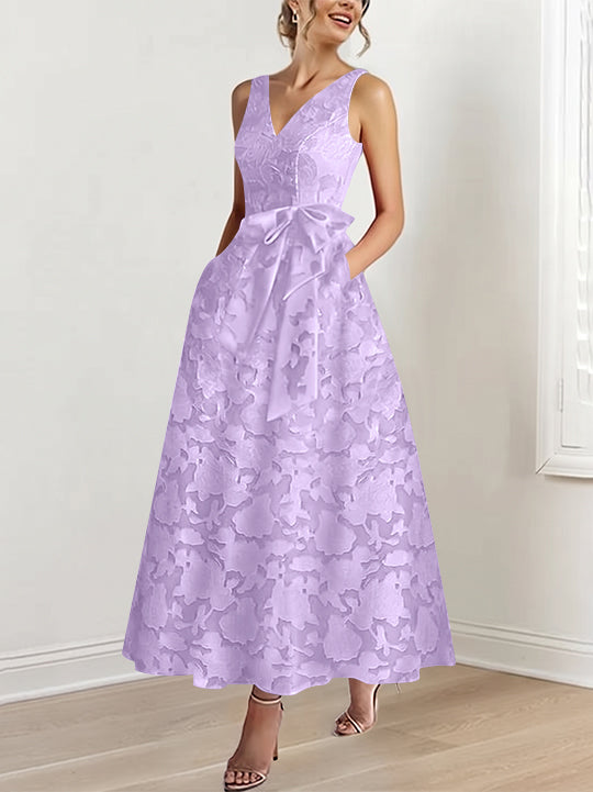 A-Line/Princess V-Neck Sleeveless Ankle-Length Rose Lace Applique Mother of the Bride Dresses with Pockets & Ruffles