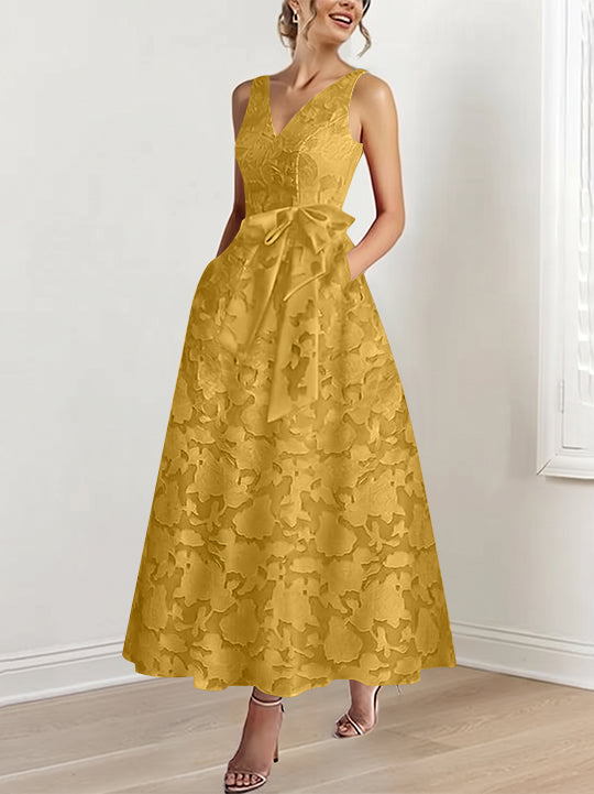 A-Line/Princess V-Neck Sleeveless Ankle-Length Rose Lace Applique Mother of the Bride Dresses with Pockets & Ruffles