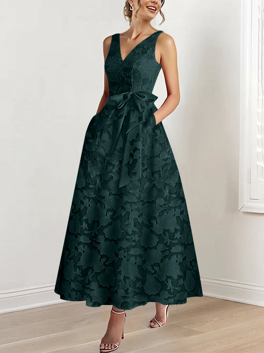 A-Line/Princess V-Neck Sleeveless Ankle-Length Rose Lace Applique Mother of the Bride Dresses with Pockets & Ruffles