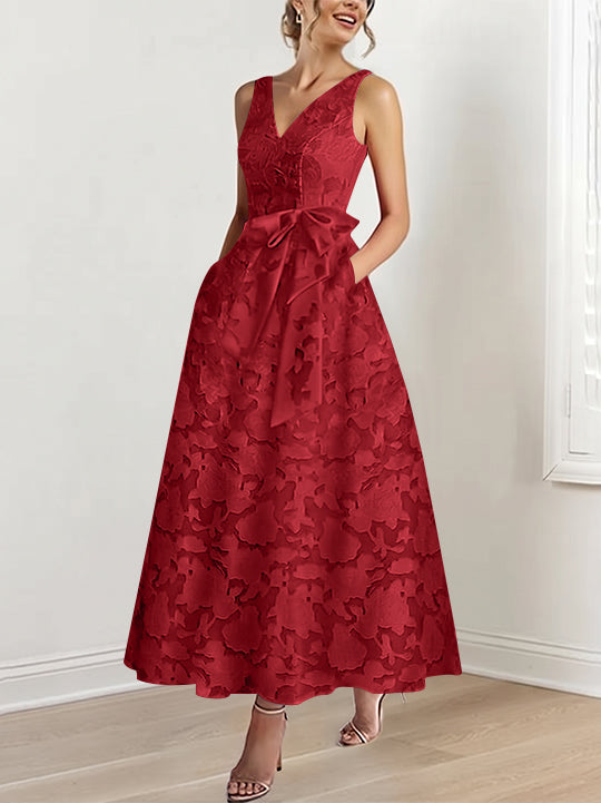 A-Line/Princess V-Neck Sleeveless Ankle-Length Rose Lace Applique Mother of the Bride Dresses with Pockets & Ruffles