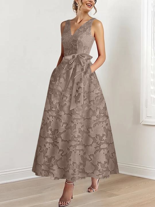 A-Line/Princess V-Neck Sleeveless Ankle-Length Rose Lace Applique Mother of the Bride Dresses with Pockets & Ruffles