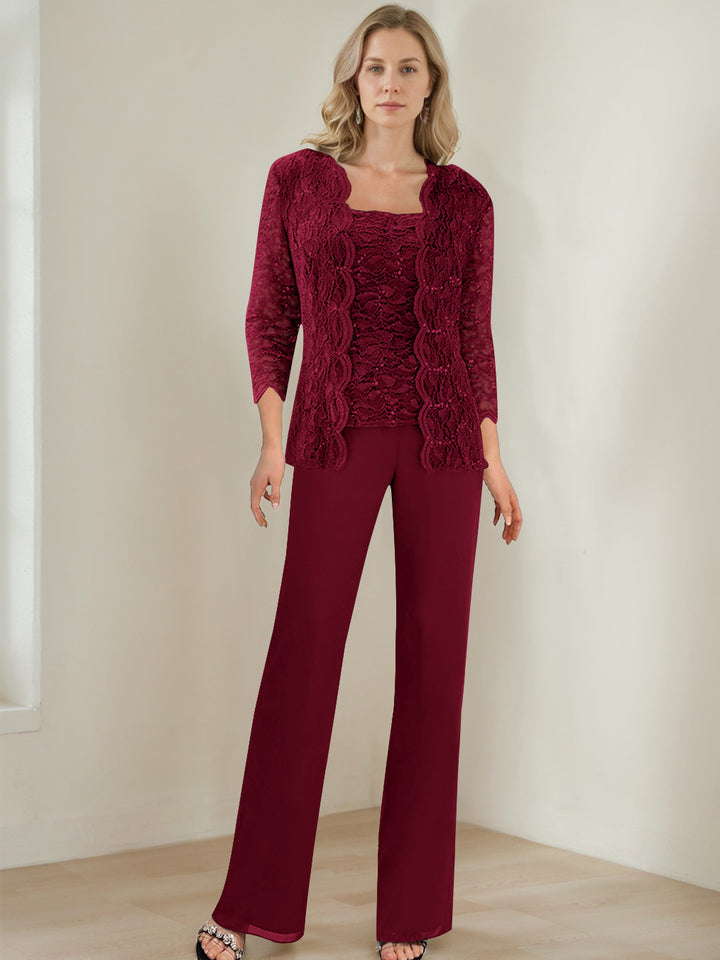 3 Pieces Square Neck 3/4 Sleeves Floor-Length Mother of the Bride Pantsuits with Sequins