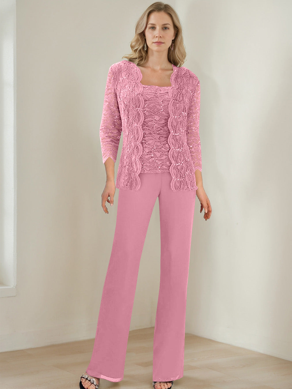 3 Pieces Square Neck 3/4 Sleeves Floor-Length Mother of the Bride Pantsuits with Sequins