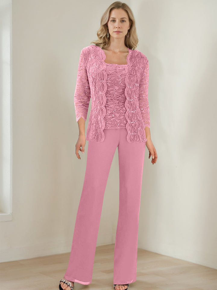3 Pieces Square Neck 3/4 Sleeves Floor-Length Mother of the Bride Pantsuits with Sequins