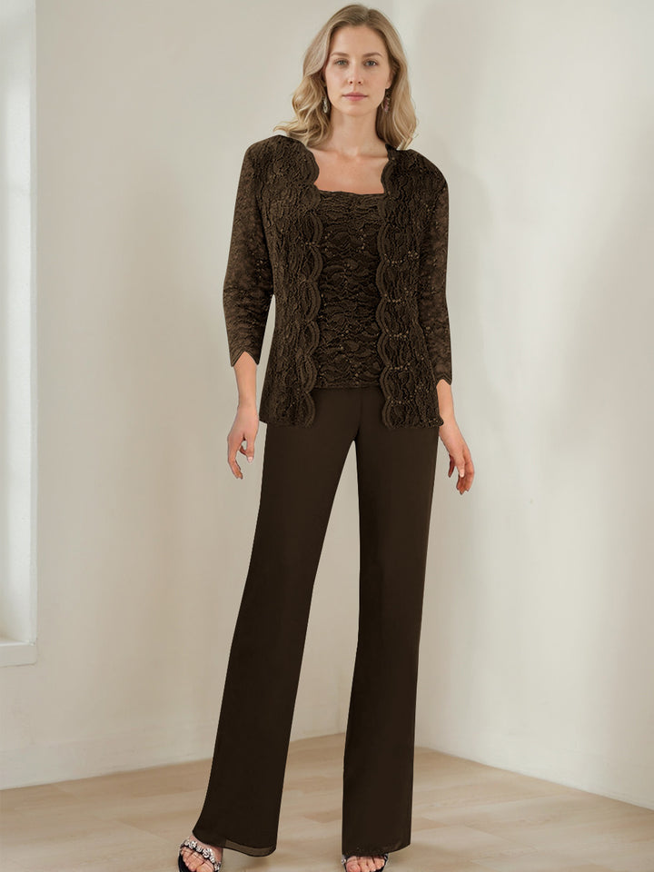 3 Pieces Square Neck 3/4 Sleeves Floor-Length Mother of the Bride Pantsuits with Sequins