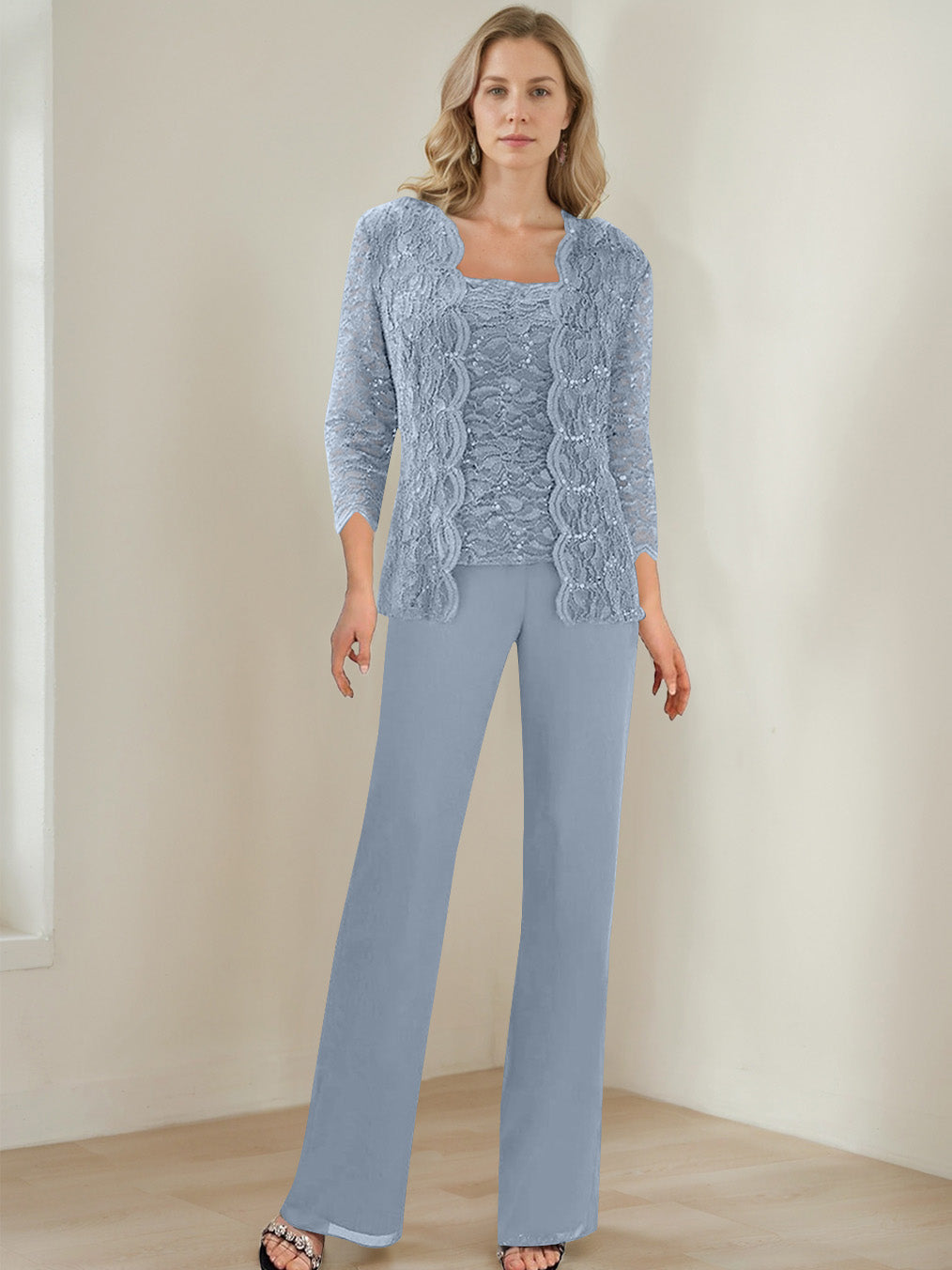 3 Pieces Square Neck 3/4 Sleeves Floor-Length Mother of the Bride Pantsuits with Sequins