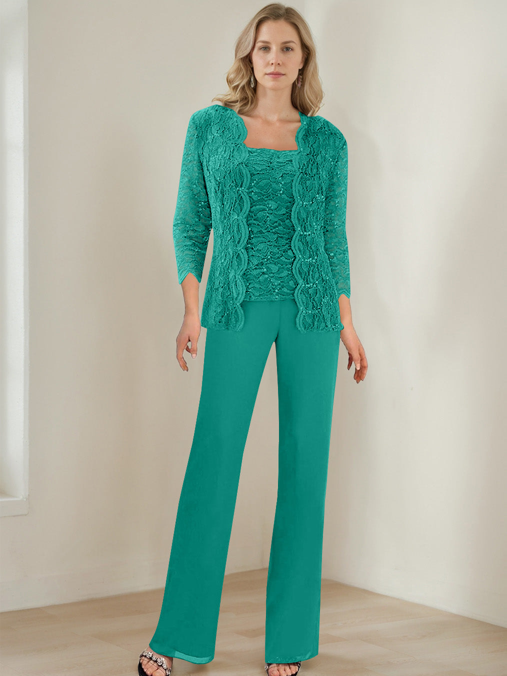 3 Pieces Square Neck 3/4 Sleeves Floor-Length Mother of the Bride Pantsuits with Sequins