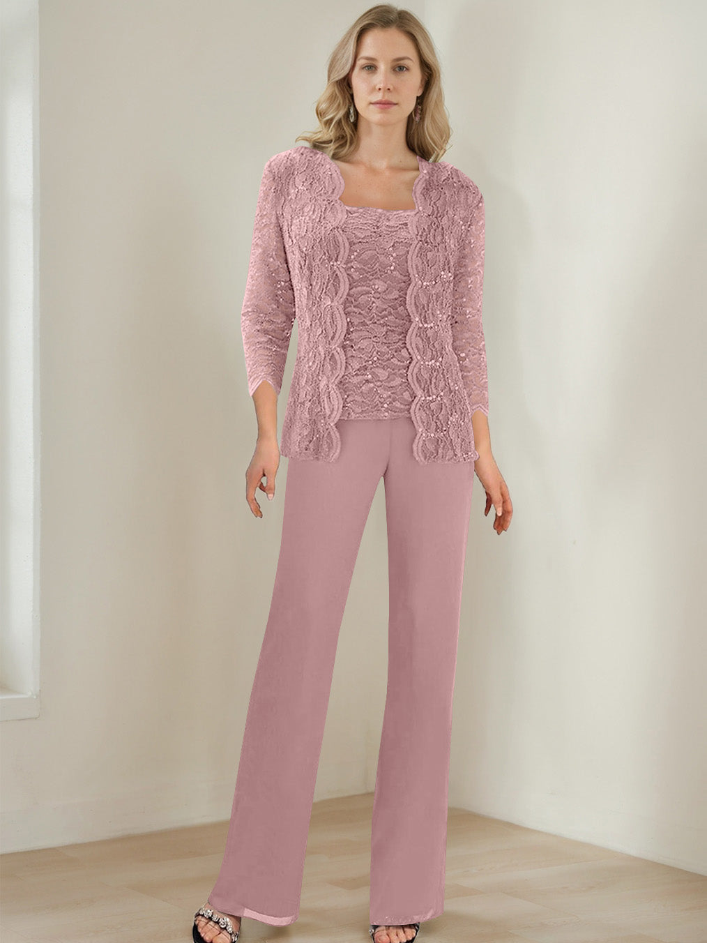 3 Pieces Square Neck 3/4 Sleeves Floor-Length Mother of the Bride Pantsuits with Sequins