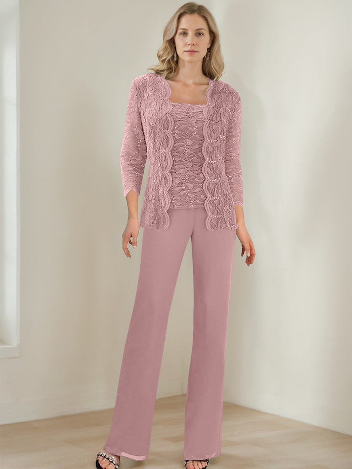 3 Pieces Square Neck 3/4 Sleeves Floor-Length Mother of the Bride Pantsuits with Sequins