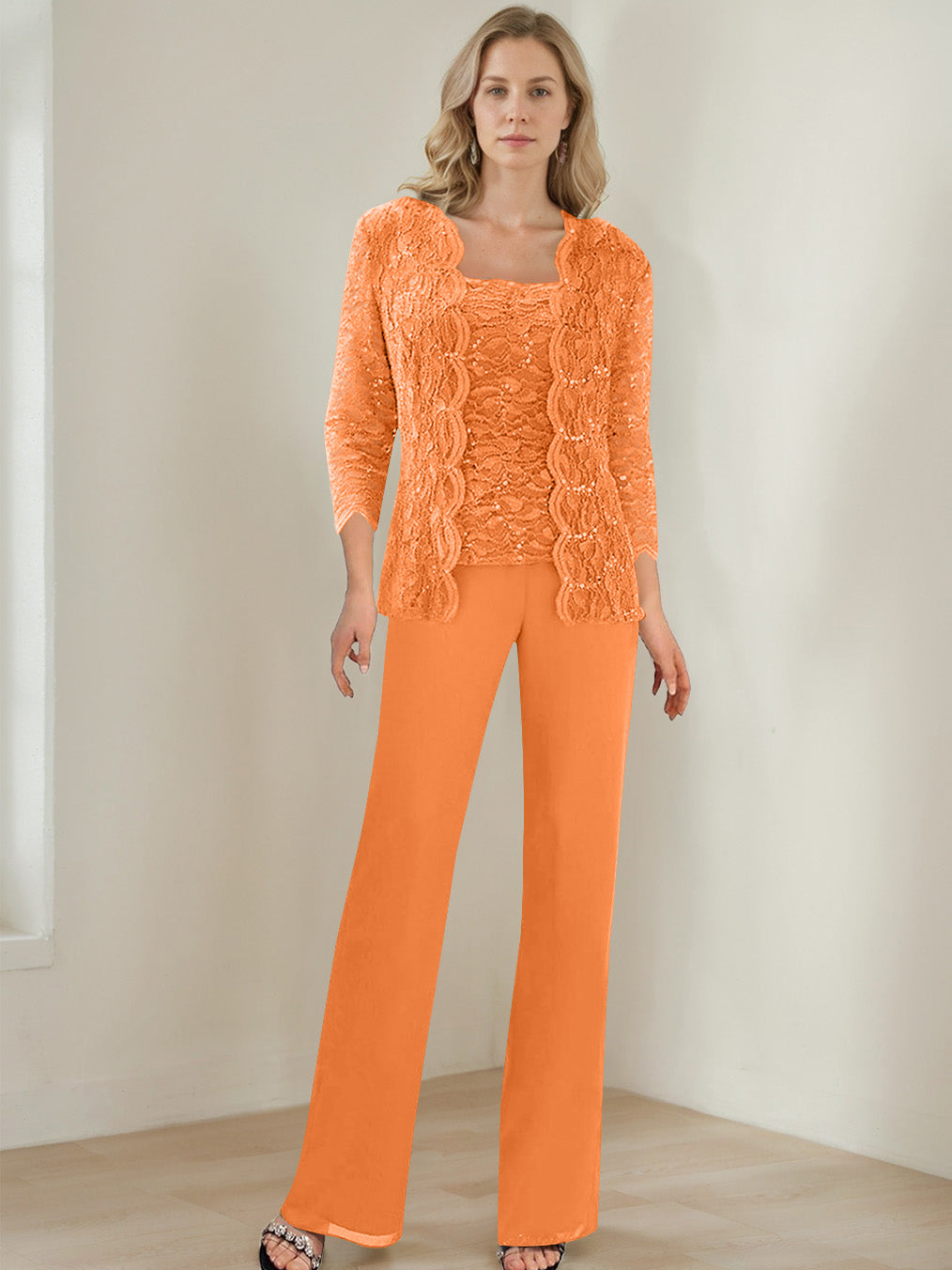 3 Pieces Square Neck 3/4 Sleeves Floor-Length Mother of the Bride Pantsuits with Sequins