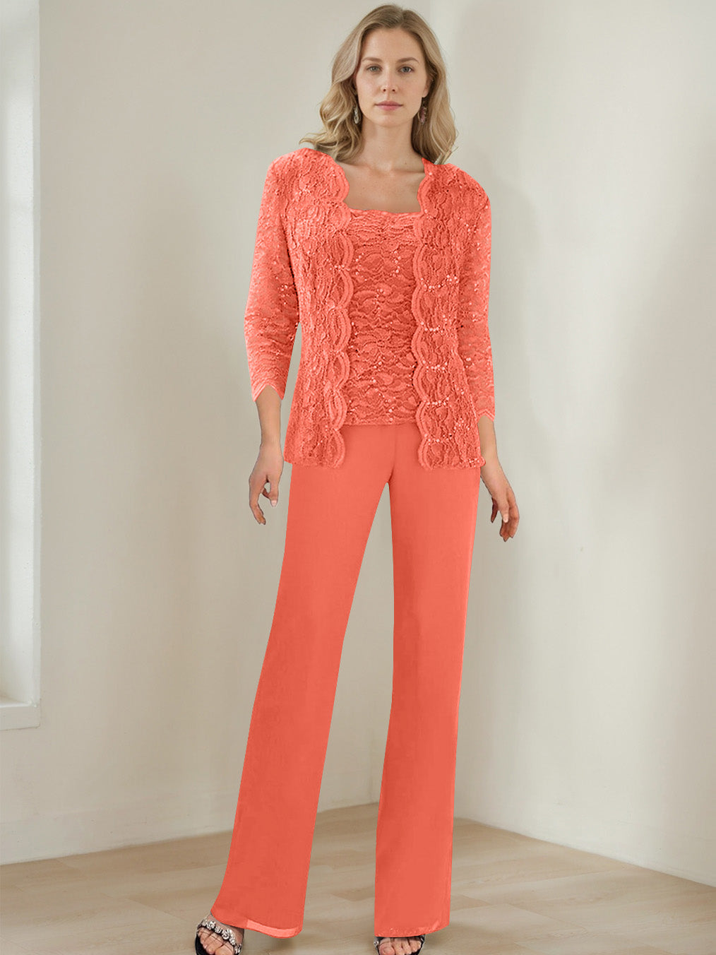 3 Pieces Square Neck 3/4 Sleeves Floor-Length Mother of the Bride Pantsuits with Sequins