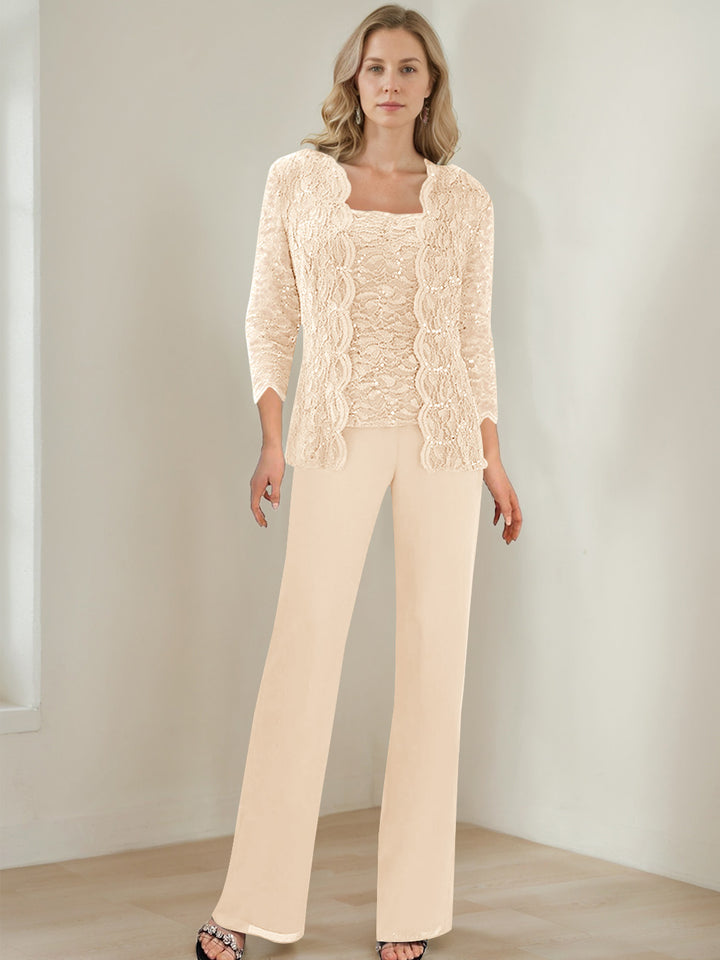 3 Pieces Square Neck 3/4 Sleeves Floor-Length Mother of the Bride Pantsuits with Sequins
