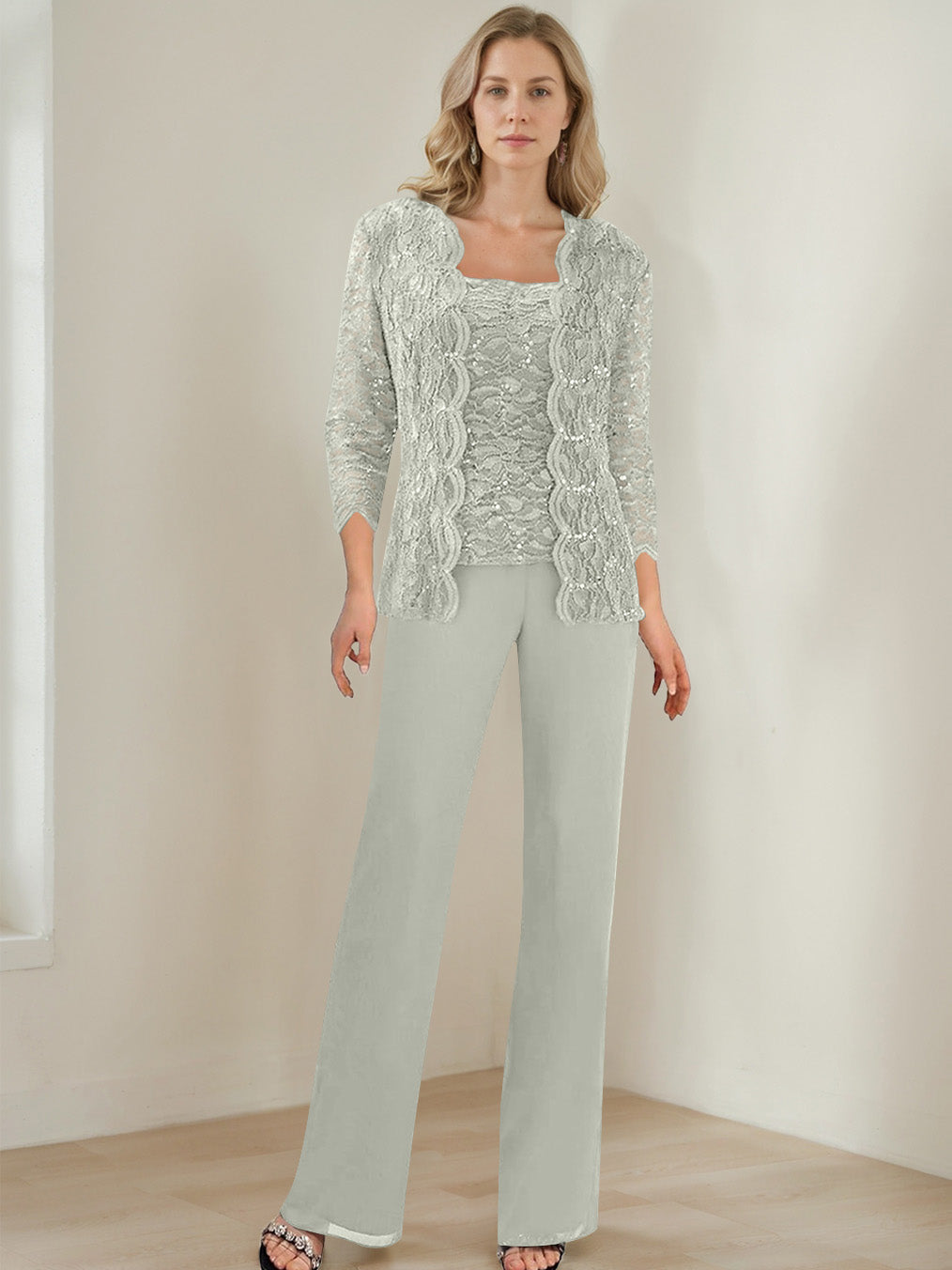 3 Pieces Square Neck 3/4 Sleeves Floor-Length Mother of the Bride Pantsuits with Sequins