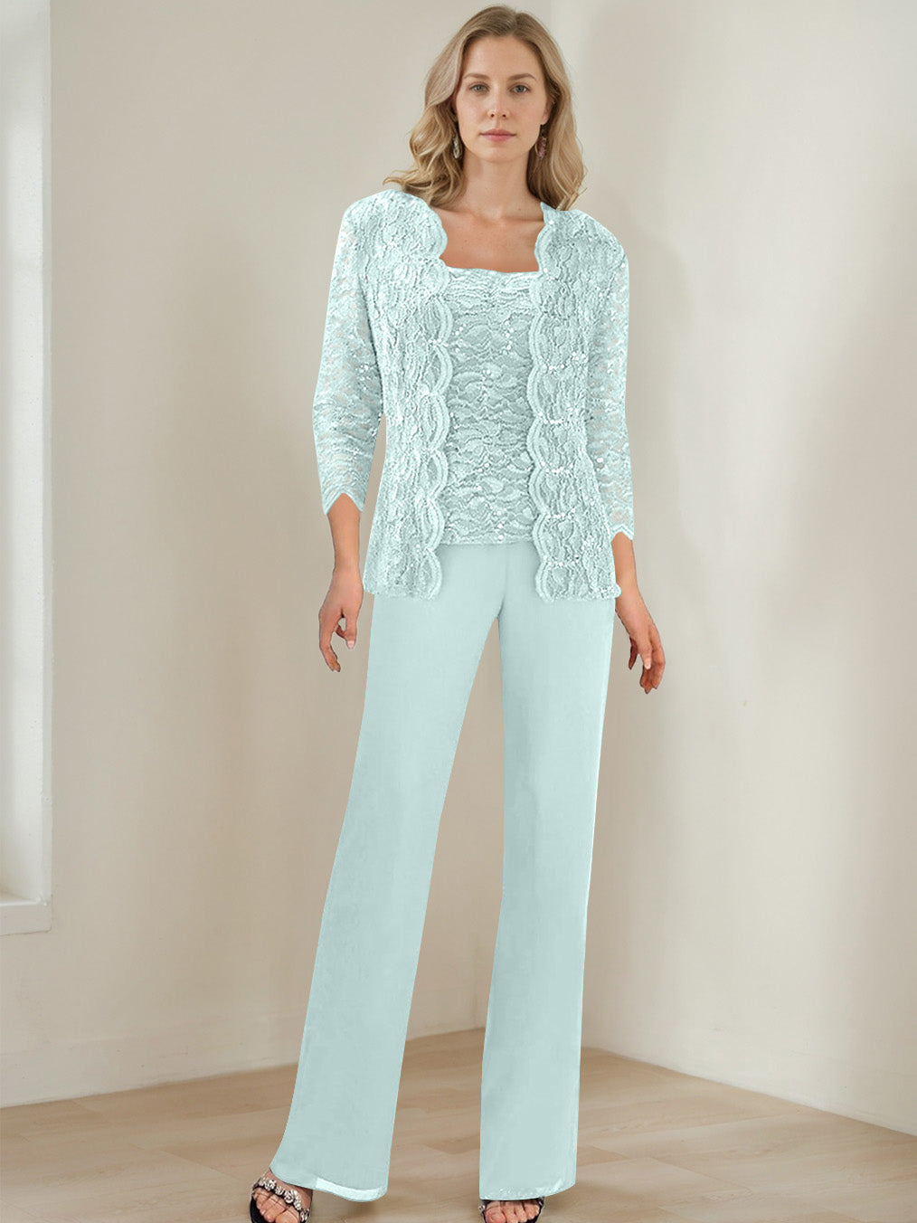 3 Pieces Square Neck 3/4 Sleeves Floor-Length Mother of the Bride Pantsuits with Sequins