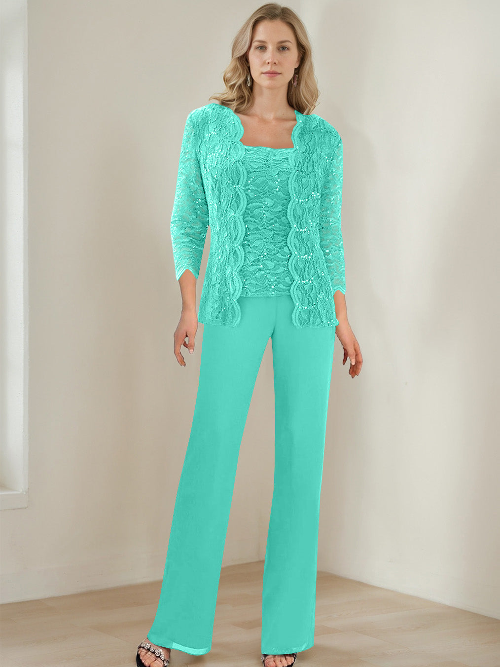 3 Pieces Square Neck 3/4 Sleeves Floor-Length Mother of the Bride Pantsuits with Sequins