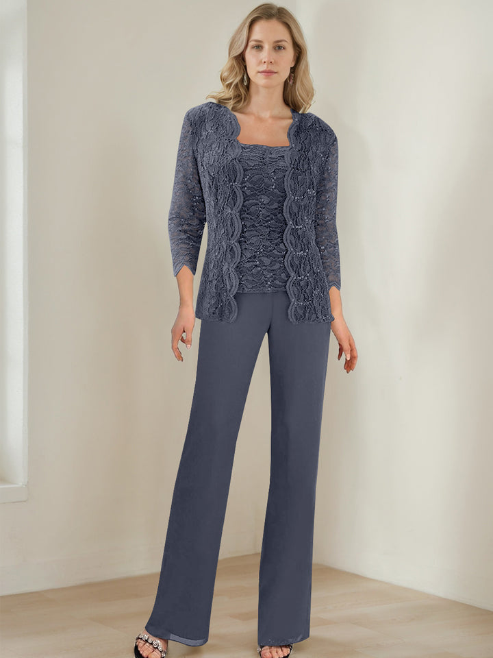 3 Pieces Square Neck 3/4 Sleeves Floor-Length Mother of the Bride Pantsuits with Sequins