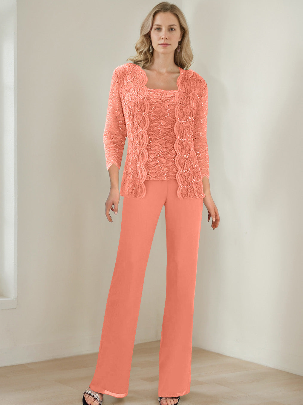 3 Pieces Square Neck 3/4 Sleeves Floor-Length Mother of the Bride Pantsuits with Sequins