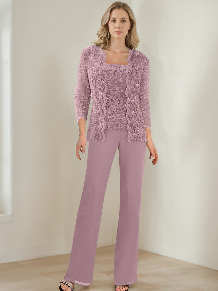 3 Pieces Square Neck 3/4 Sleeves Floor-Length Mother of the Bride Pantsuits with Sequins