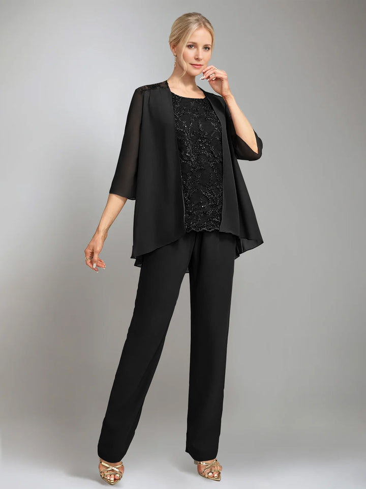 3 Pieces Scoop Sleeveless Floor-Length Mother of the Bride Pantsuits with Jacket